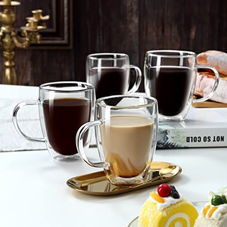 Double Wall Glass Tea Coffee & Cocktail Mug with Handle - 4 Pack