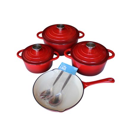 LMA Branded 7 Piece Cast Iron Cookware Set & Two Piece Utensil Set - Red