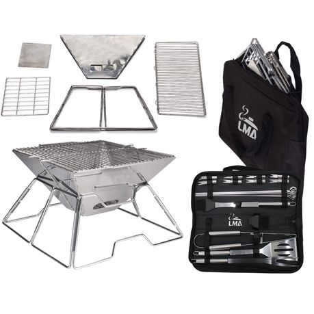 LMA Braai Master Folding BBQ Stand & 20 Piece Utensil Set with Carrying Bags