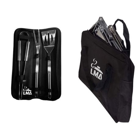 LMA Braai Master Folding BBQ Stand & 3 Piece Utensil Set with Carrying Bags