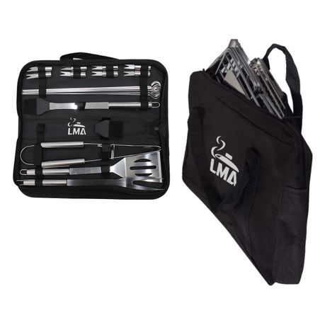 LMA Braai Master Folding BBQ Stand & 20 Piece Utensil Set with Carrying Bags