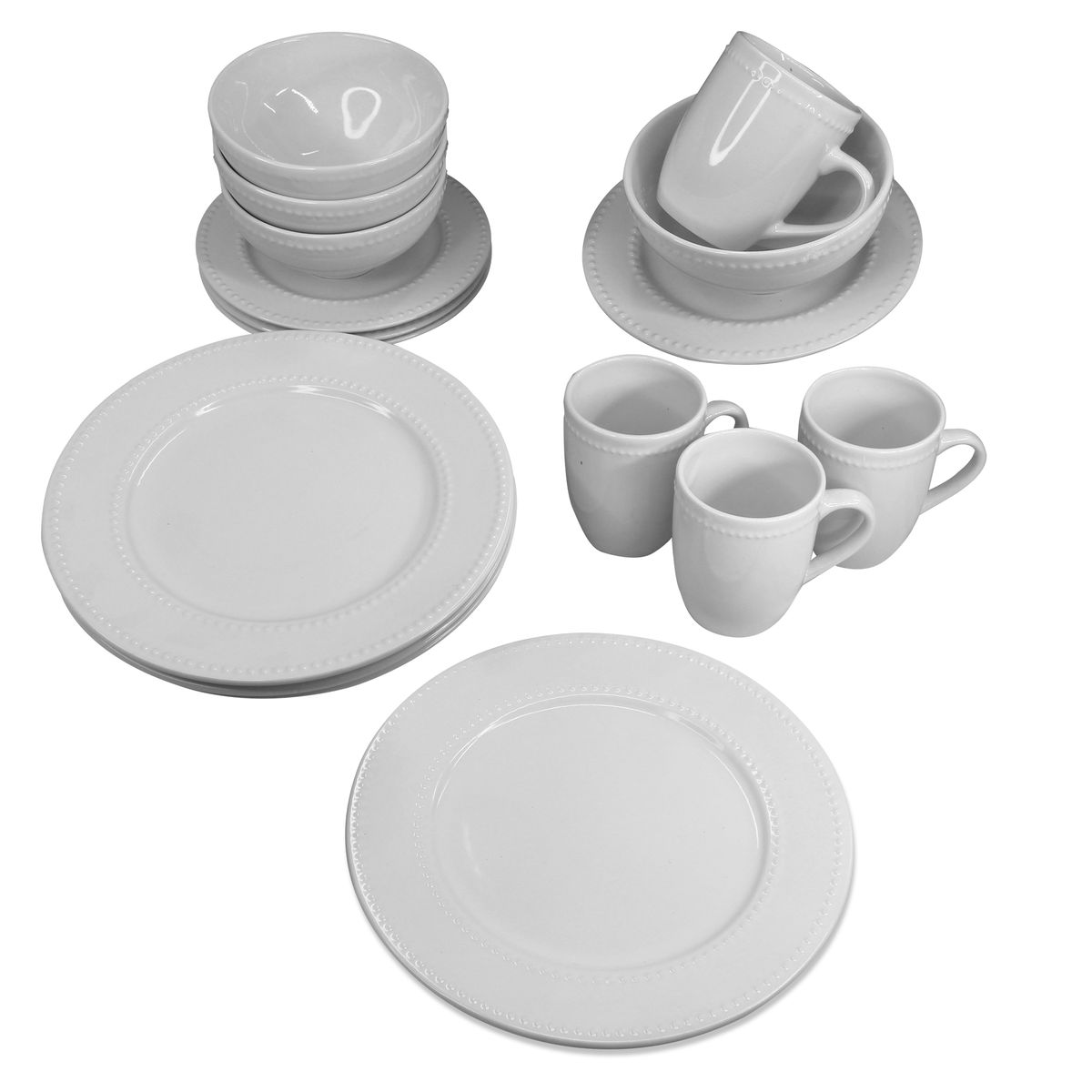 16 Piece Round Ceramic Dinner Set - Off White with Beaded Trim - PC02