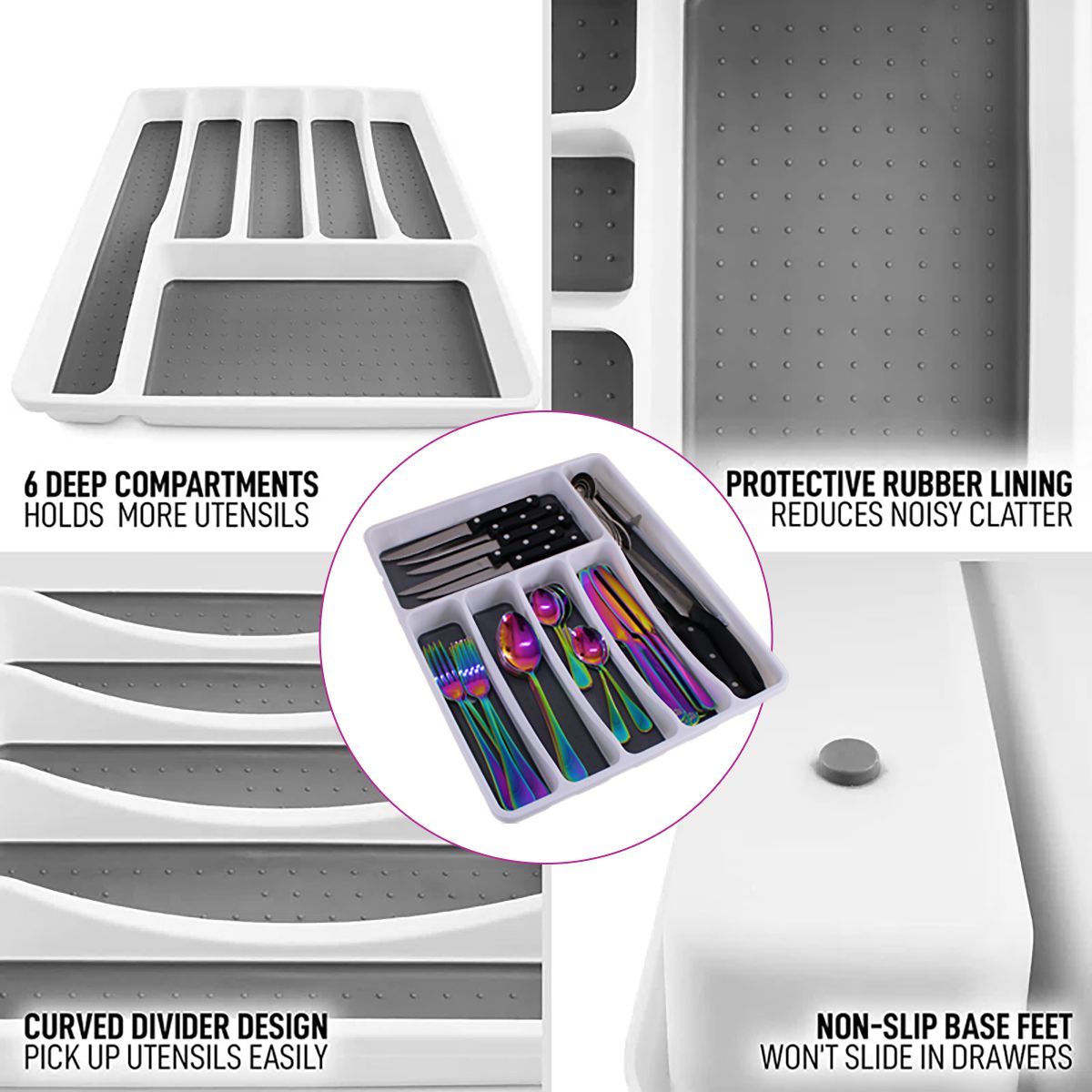 6 Compartment XL Drawer Cutlery Organizer Tray with Guide Icons 41x33cm