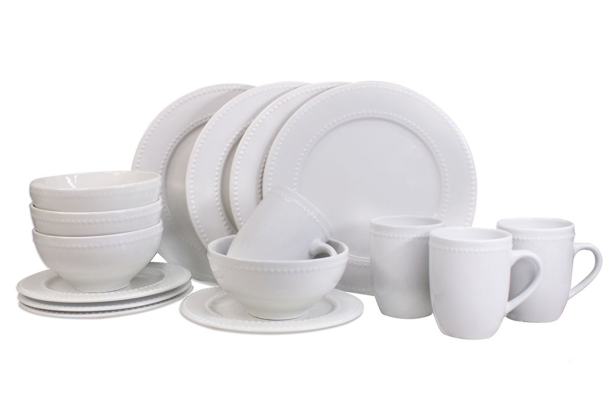 16 Piece Round Ceramic Dinner Set - Off White with Beaded Trim - PC02