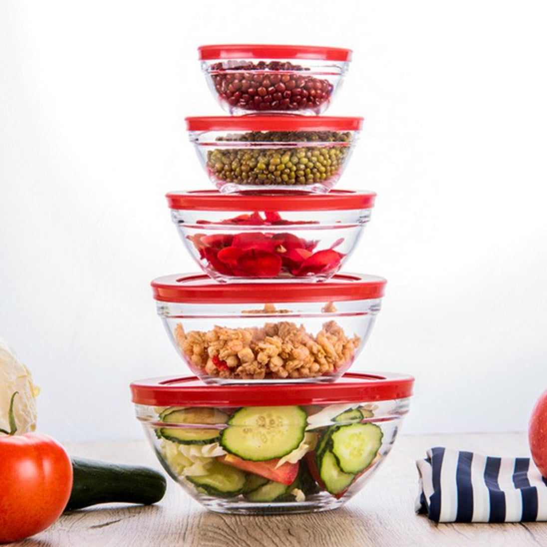 Set of 5 Glass Food Storage Bowls with Lids