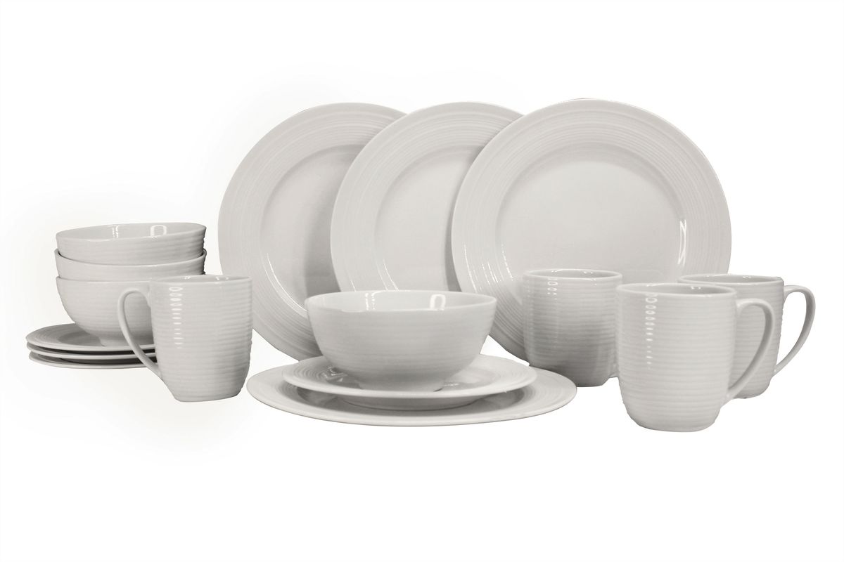 16 Piece Round Ceramic Dinner Set - Off White with Swirl Trim- PC03