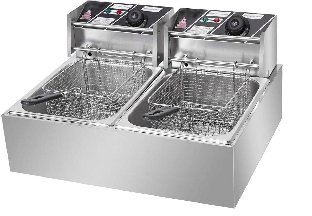 Delica 6L + 6L Double Pan Deep Fryer Silver with Hanger Rods