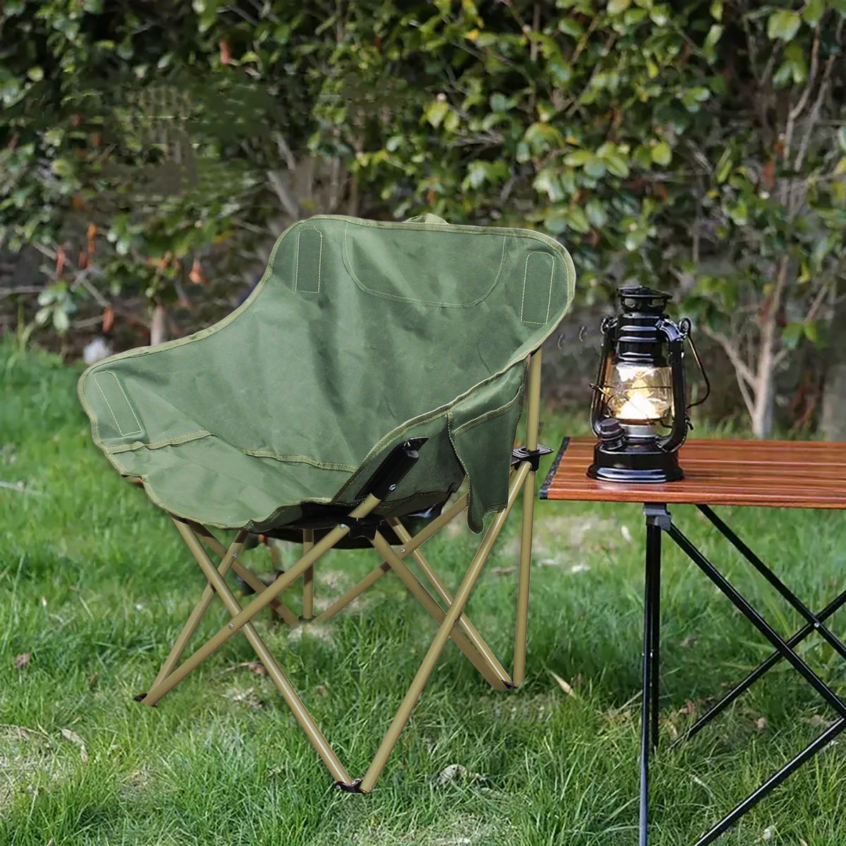 Half Moon Metal Frame Folding Camping Chair with Side Back Pocket