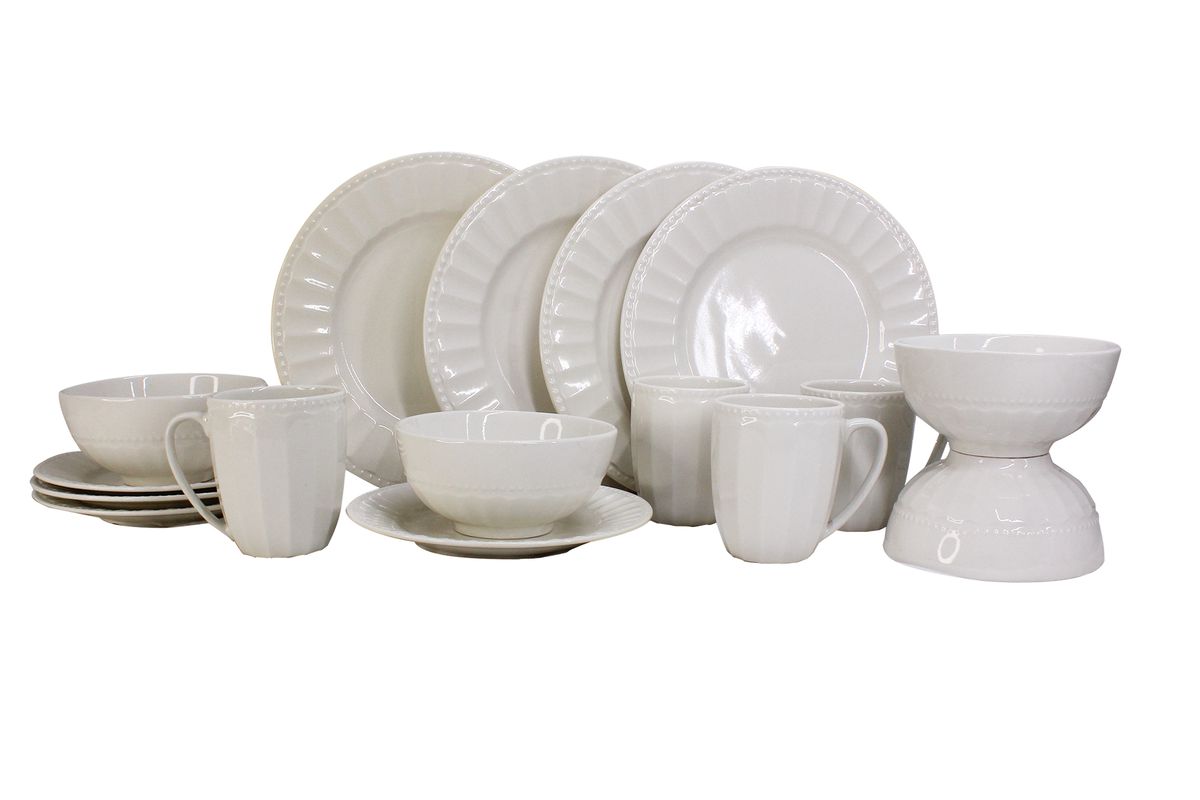 16 Piece Round Ceramic Dinner Set - Off White with Bead LineTrim - PC06