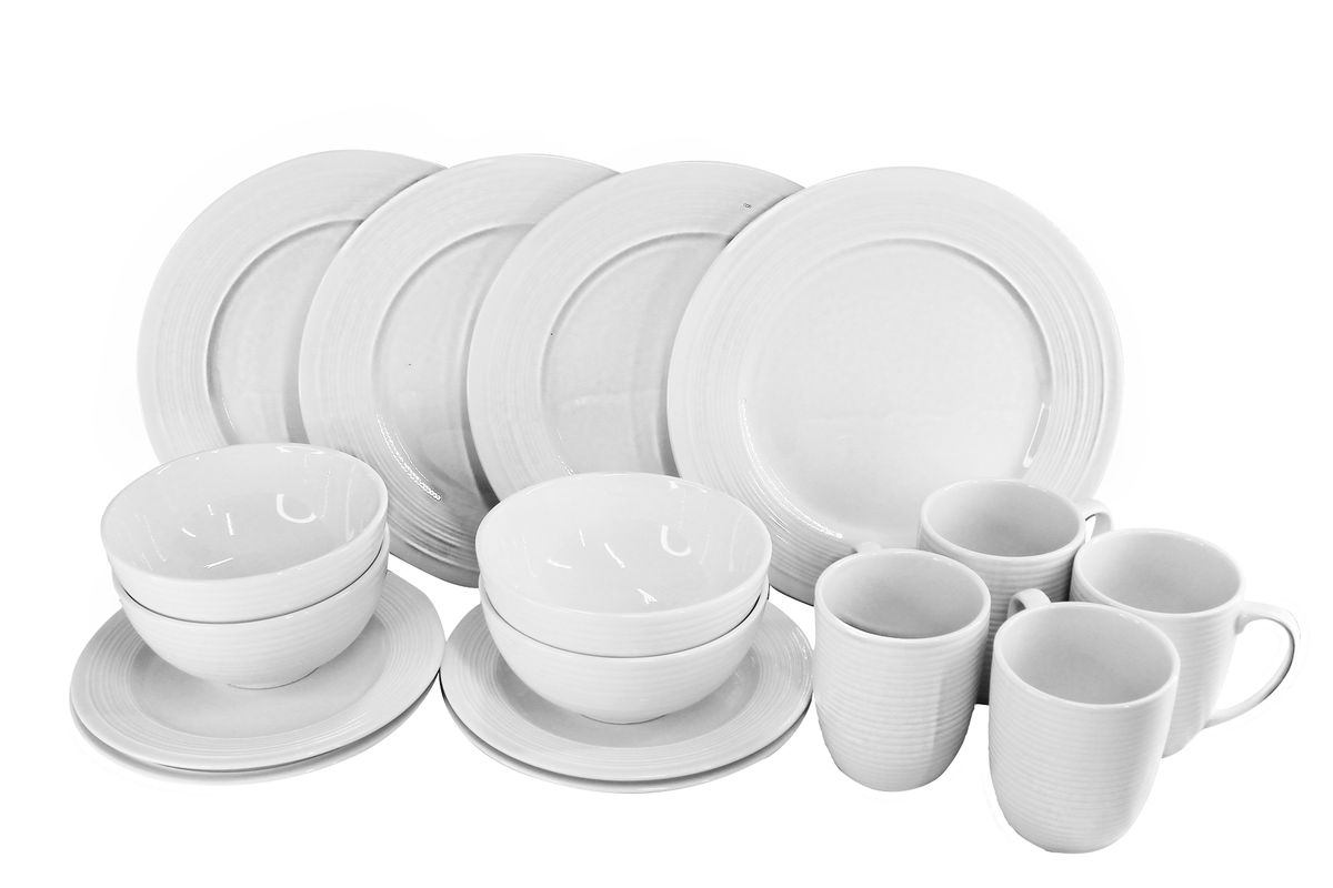 16 Piece Round Ceramic Dinner Set - Off White with Swirl Trim- PC03