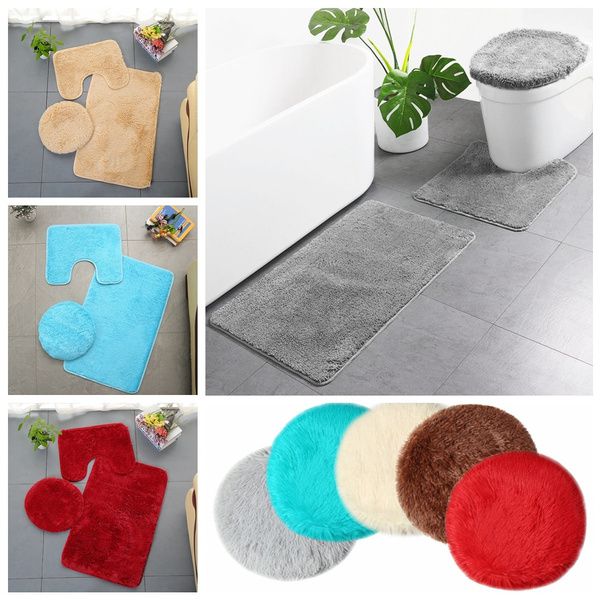 3 Piece Non-Slip Plush Fluffy Toilet Seat Cover & Bathroom Mats Set