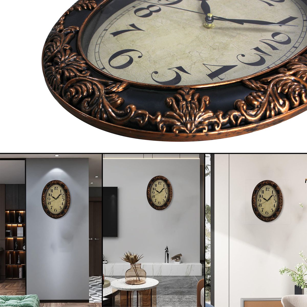 Ornate Border 34x26cm Oval Analogue Wall Clock with Anrique Motif - 012