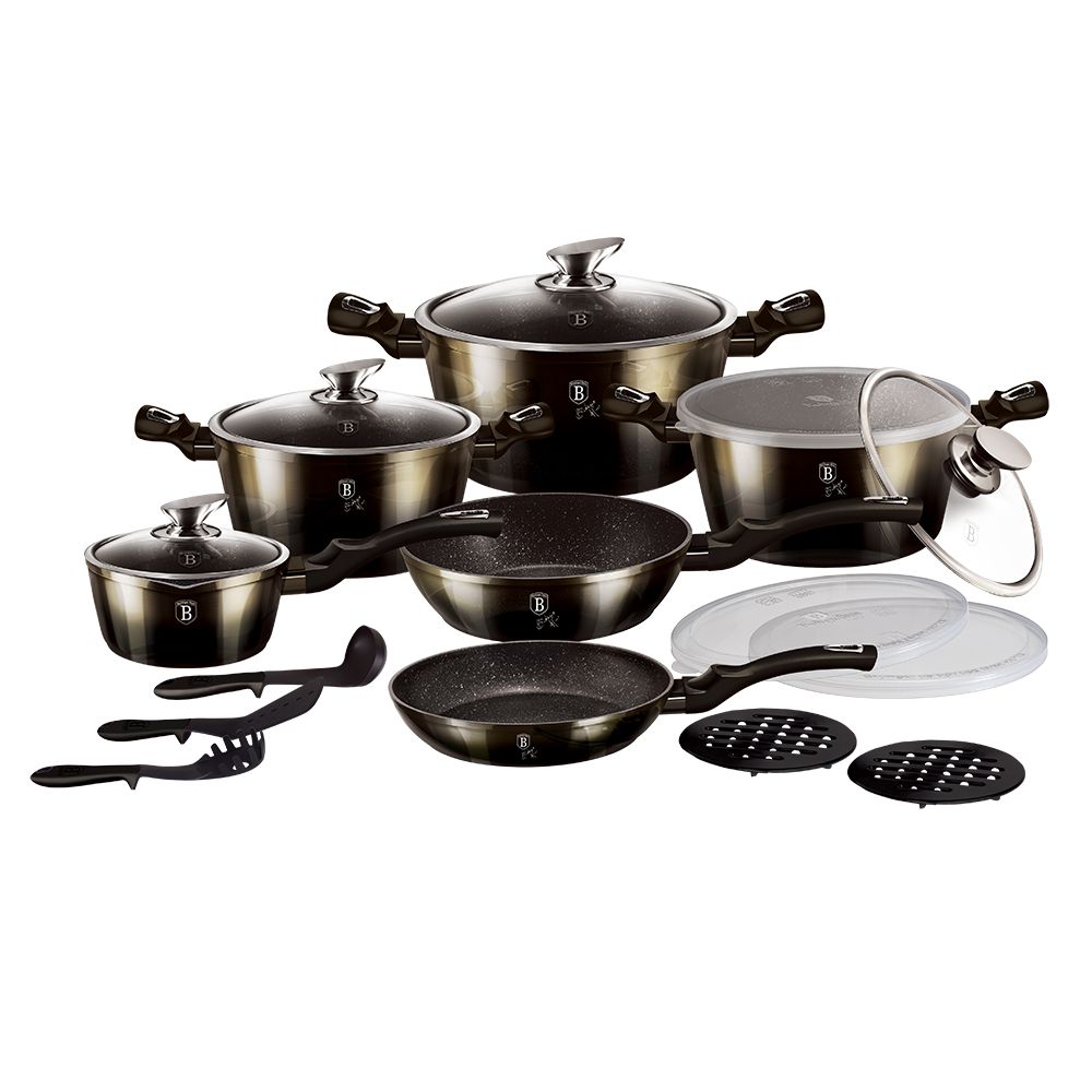 Berlinger Haus 18-Piece Marble Coating Smart Lid Cookware Set - Shiny Black