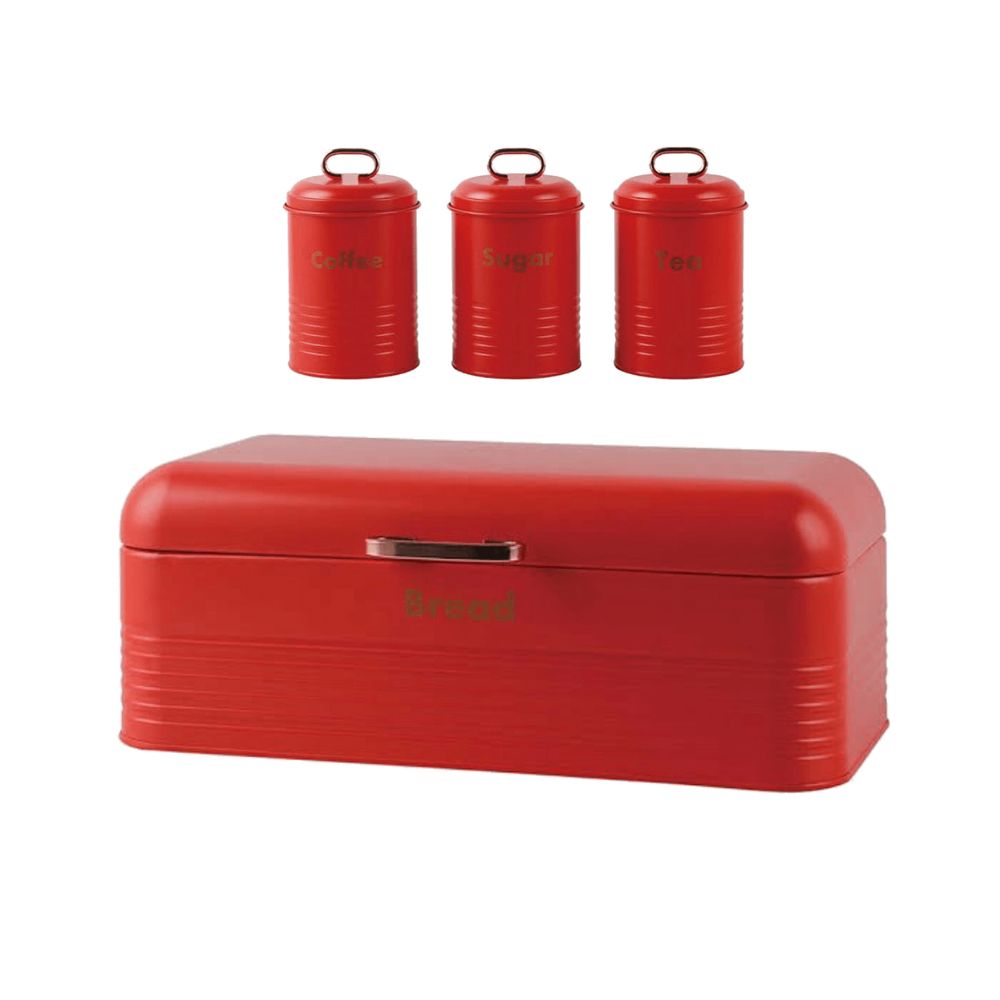 Retro Bread Bin Steel Design with 3 Piece Matching Canister Set - Red
