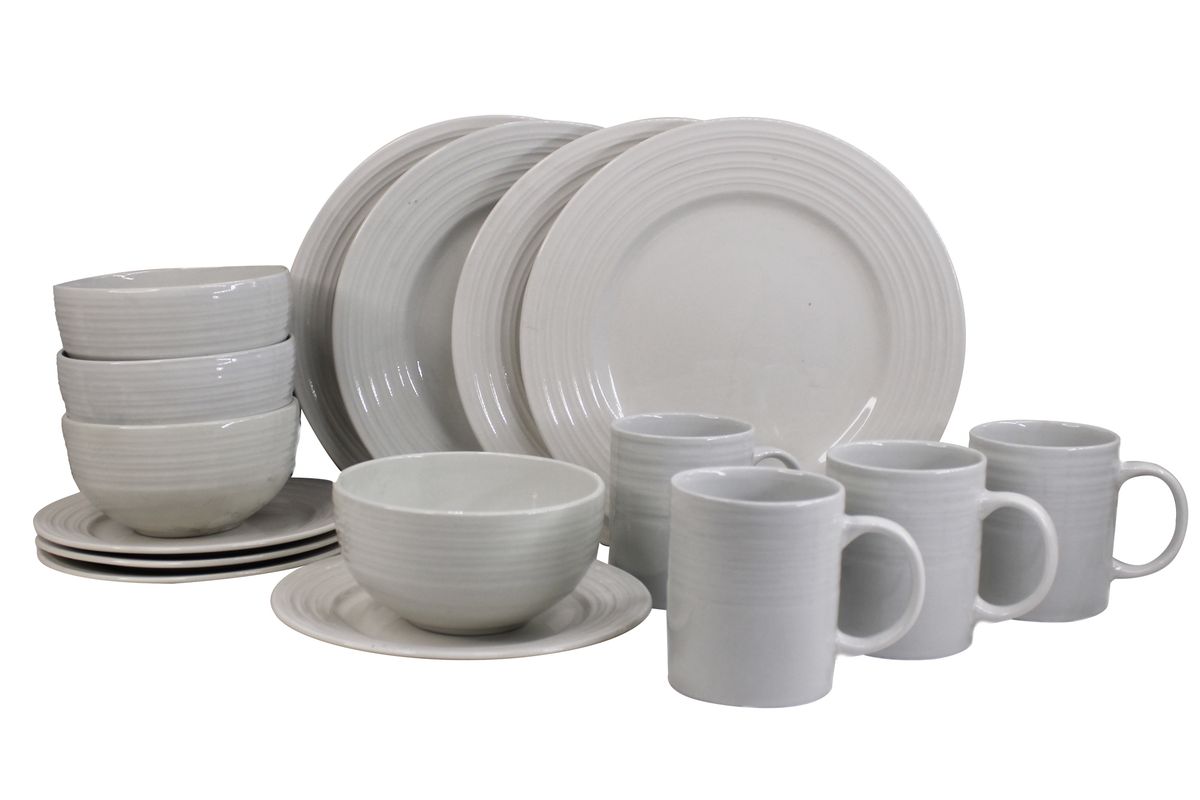 16 Piece Round Ceramic Dinner Set - Off White with Circles Trim - PC04