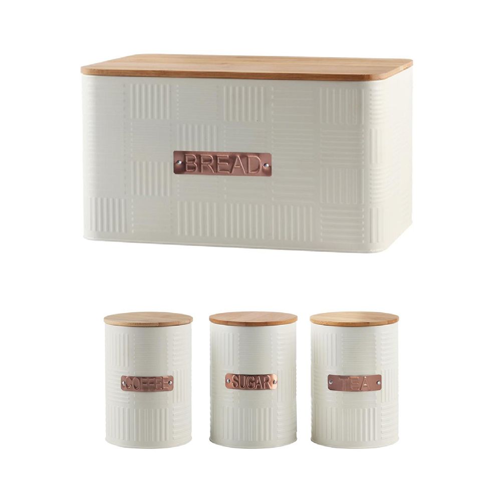 Bread Bin Steel Design with Bamboo Lid with 3 Piece Canister Set