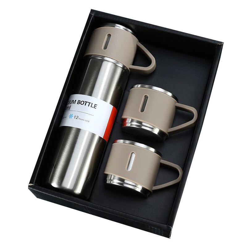500ml Stainless Steel Double Wall Thermos Vacuum Flask & 3x 180ml Cups