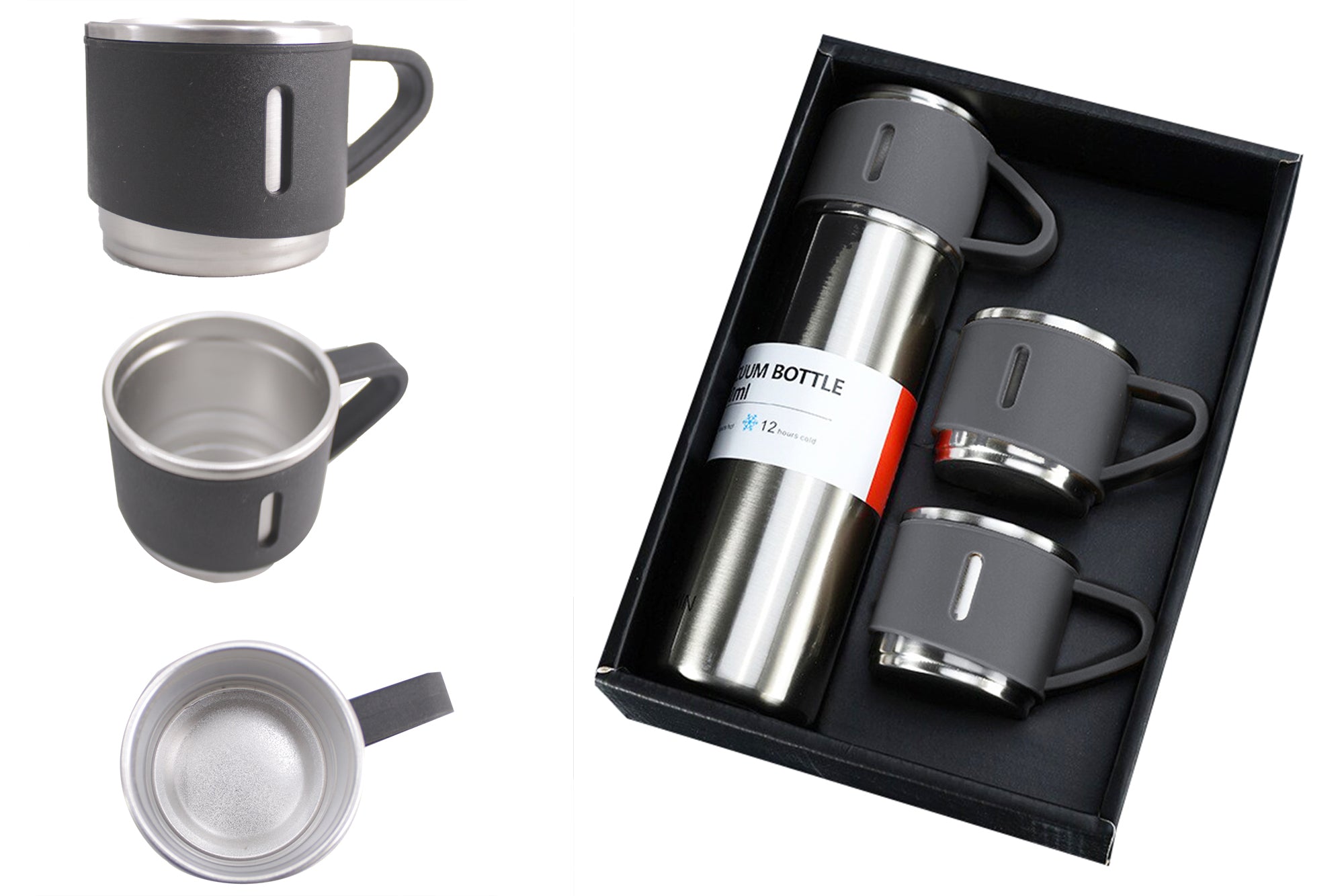 500ml Stainless Steel Double Wall Thermos Vacuum Flask & 3x 180ml Cups