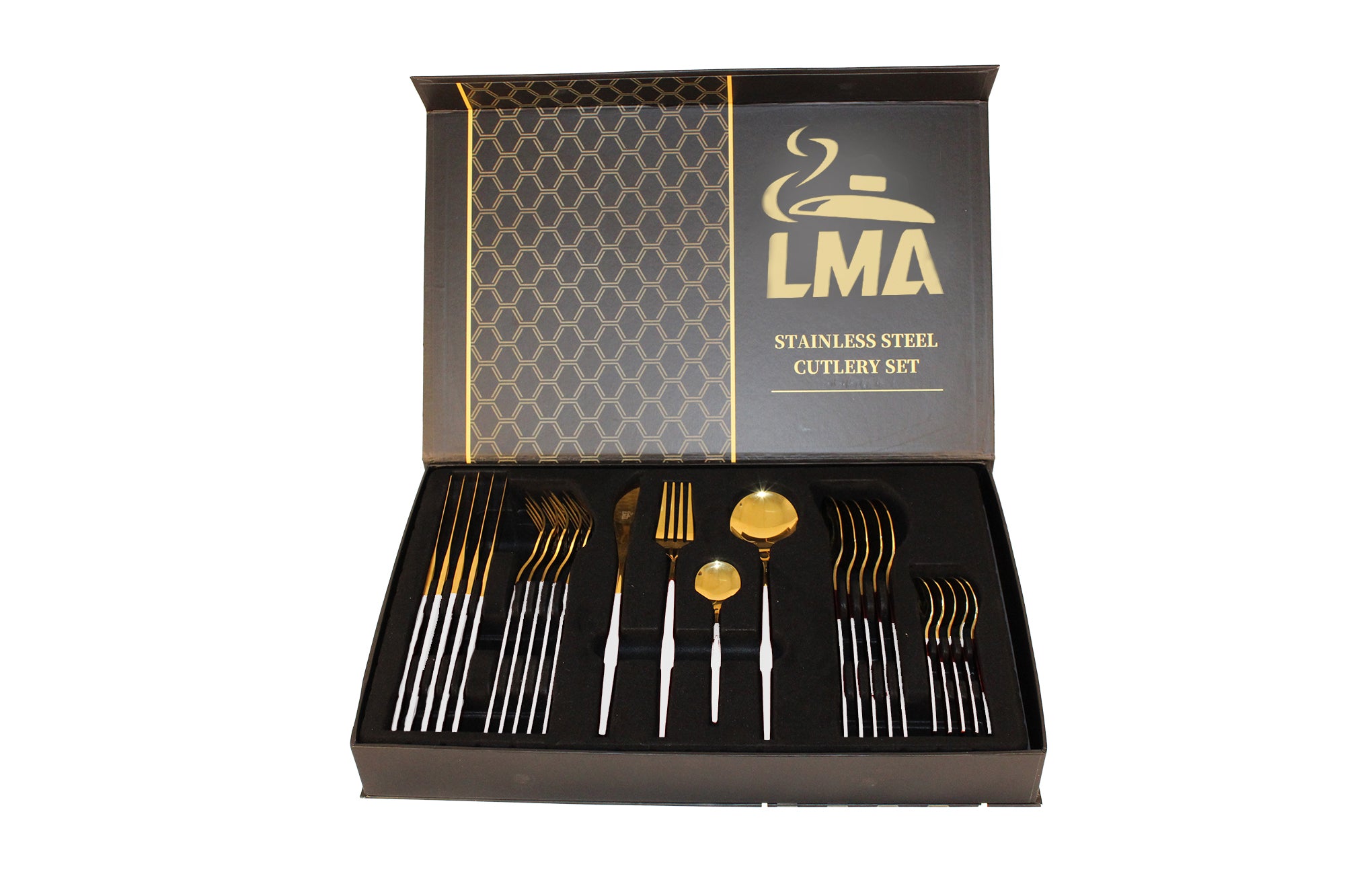 LMA 24 Piece Two-Tone Flatware Set In Elegant Noir Gift Box