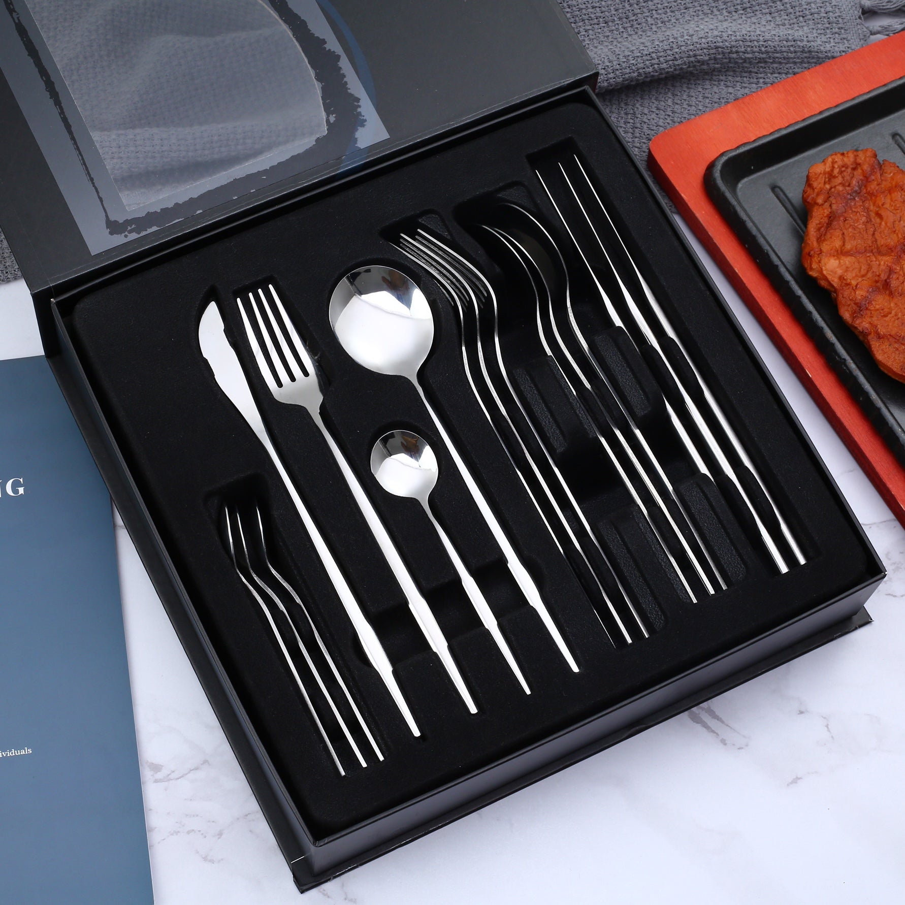 16 Piece LMA Stainless Steel Flatware Set & Noir Gift Box