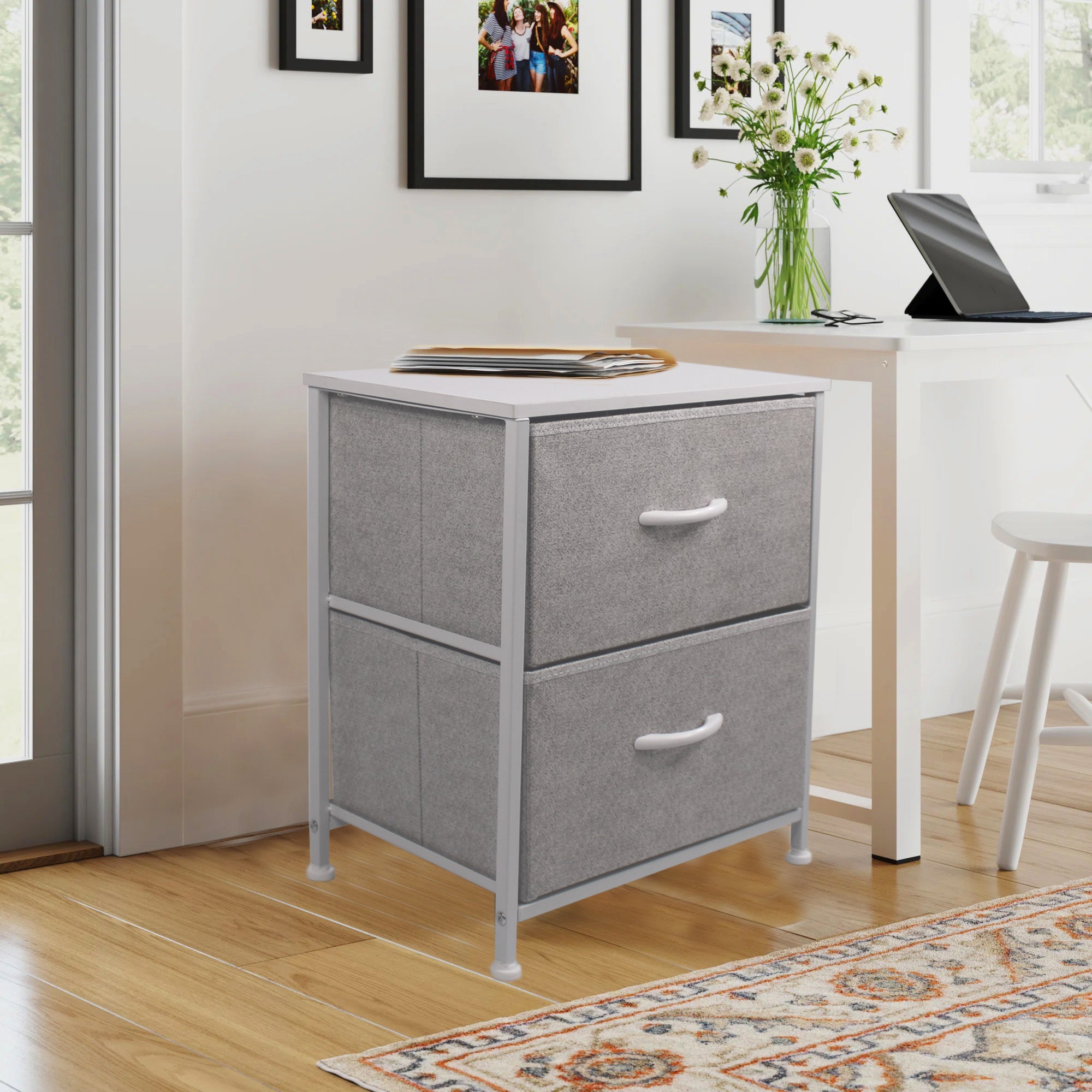 LMA Branded Economical Metal Frame & Fabric - 2 Drawer Cabinet WHT/GRY