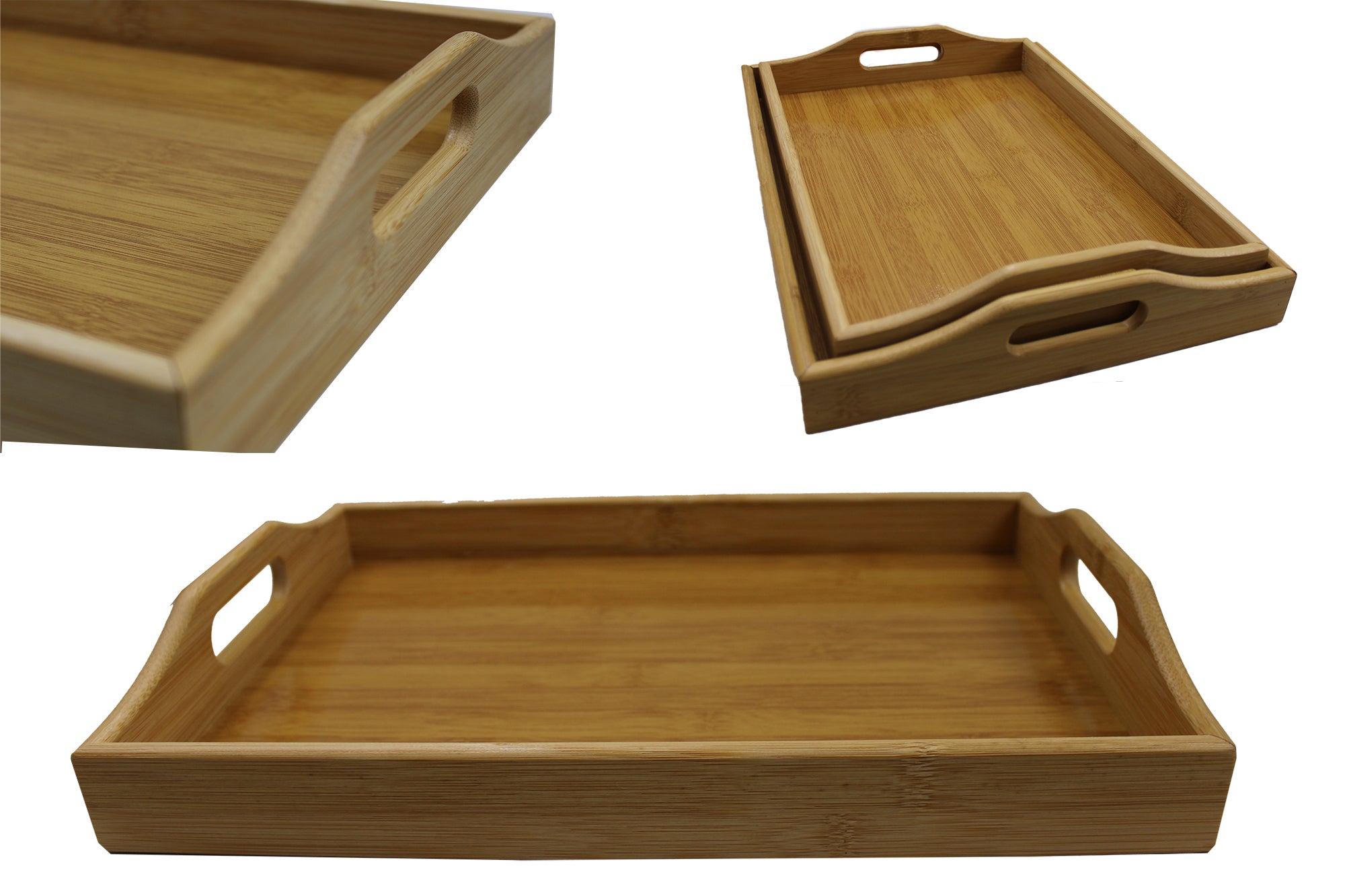 2 Piece Bamboo Serving Tray with  Handle Set - 39 x 29 and 36 x 26cm