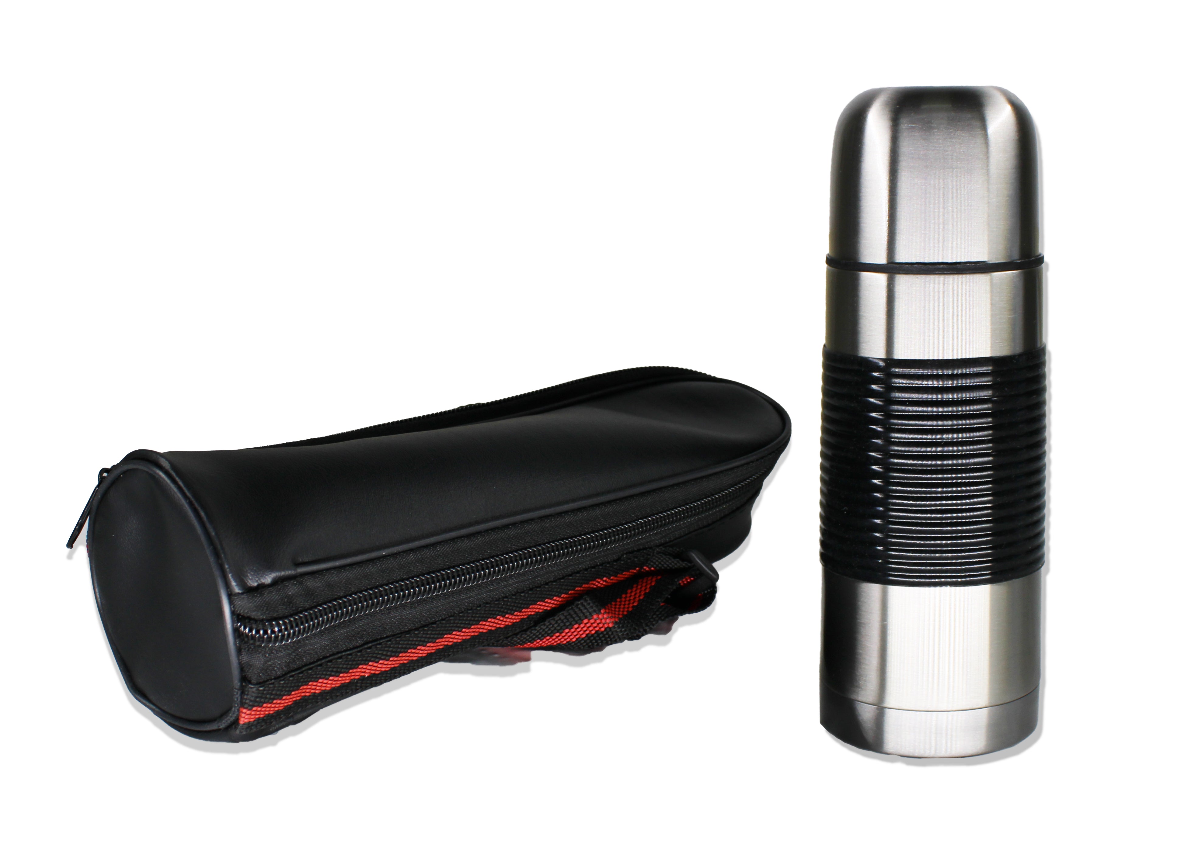 Double Wall Hot & Cold Bullet Flask with Non-Slip Rubber Grip & Pouch