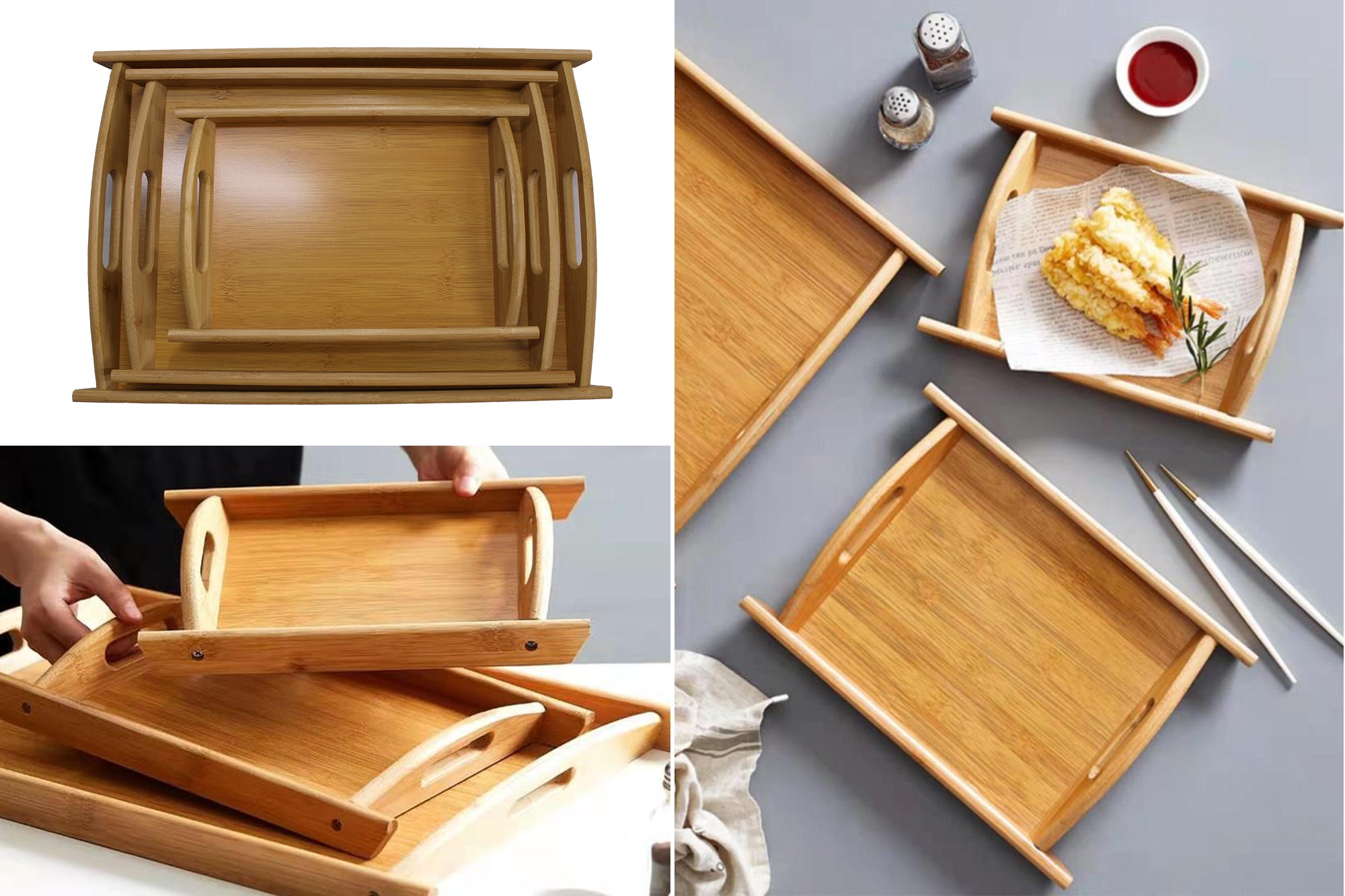 3 Piece Bamboo Serving Tray with Handle Set - 40 x 30, 36 x 26 and 29 x 19cm