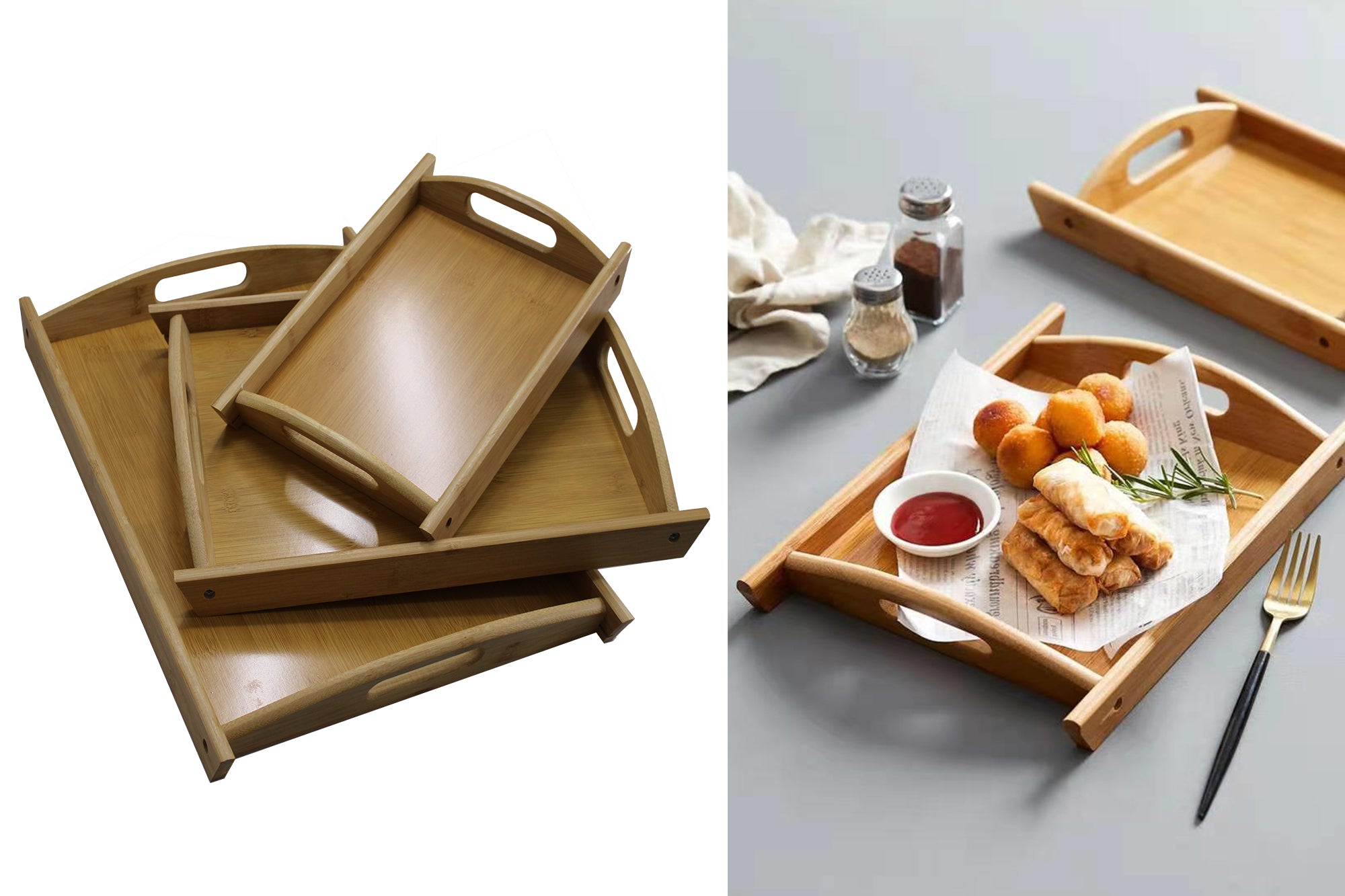 3 Piece Bamboo Serving Tray with Handle Set - 40 x 30, 36 x 26 and 29 x 19cm