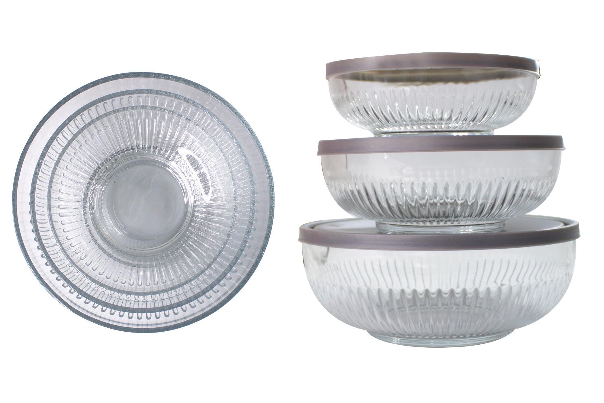 3 Piece Nesting Cut Glass Bowl Set with Silicon Lids - 8, 1.2, & 2.2L