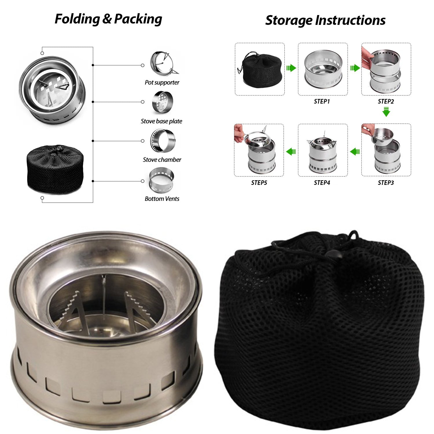 LMA Stainless Steel Three Prong Collapsible Wood Burning Camping Stove