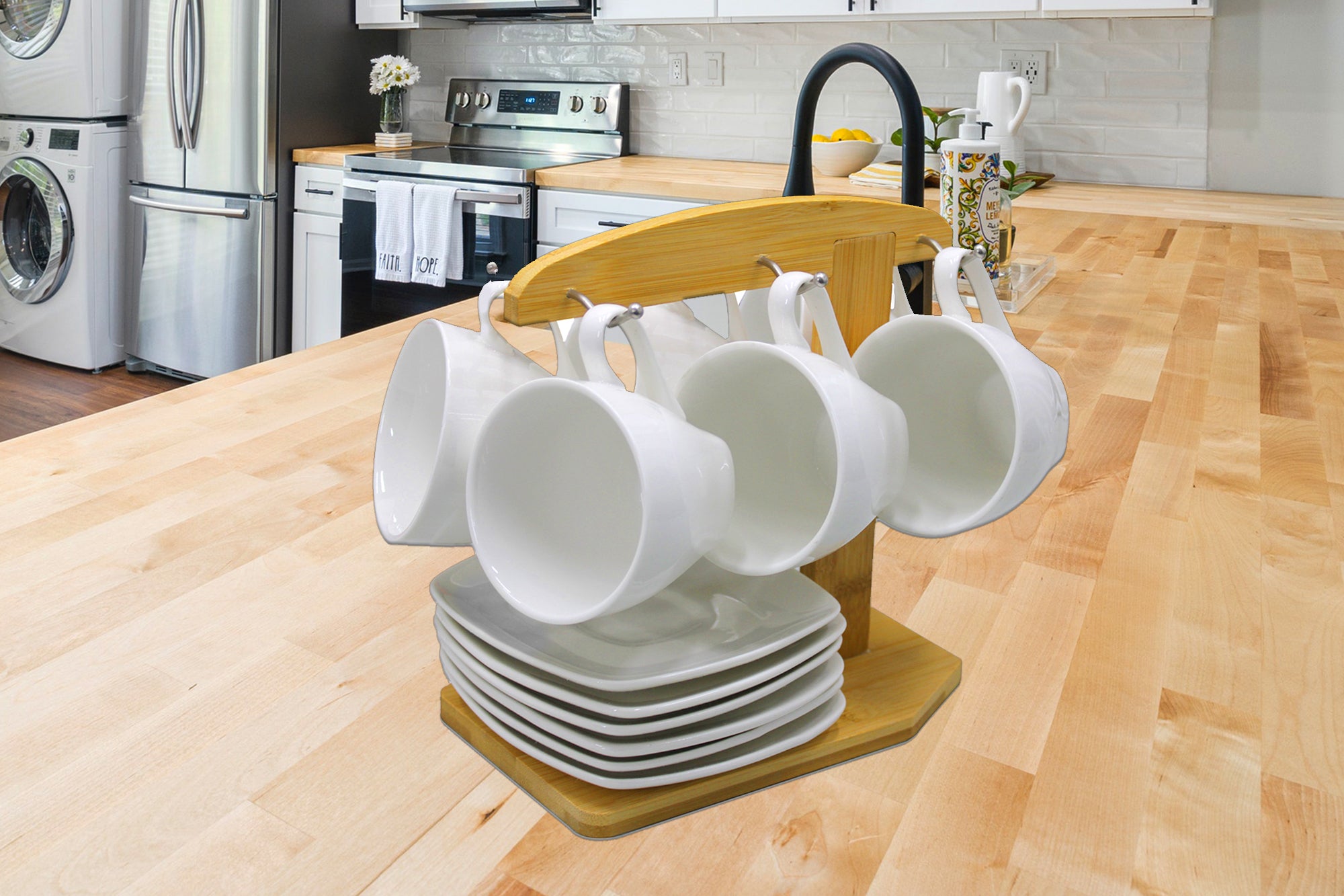 13 Piece Elegant White Ceramic Coffee and Tea Mugs Saucers & Bamboo Stand