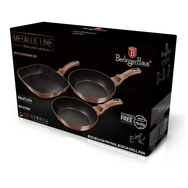 Berlinger haus 3-piece marble coating fry & grill pan set - rose gold