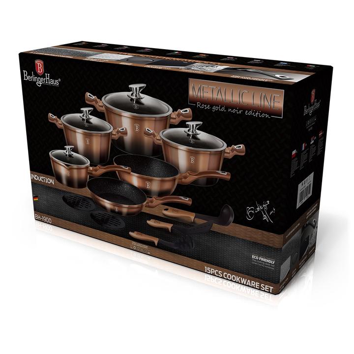 Berlinger Haus 15 Piece Cookware set, Metallic Line Rose Gold Noir Edition