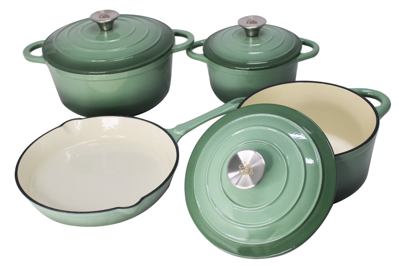 LMA 7 Piece  Cast Iron Dutch Oven Cookware Pot & Pan Set - Sea Salt Green