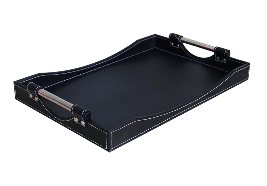 Leather Bound and Stainless Steel Handle Serving Tray