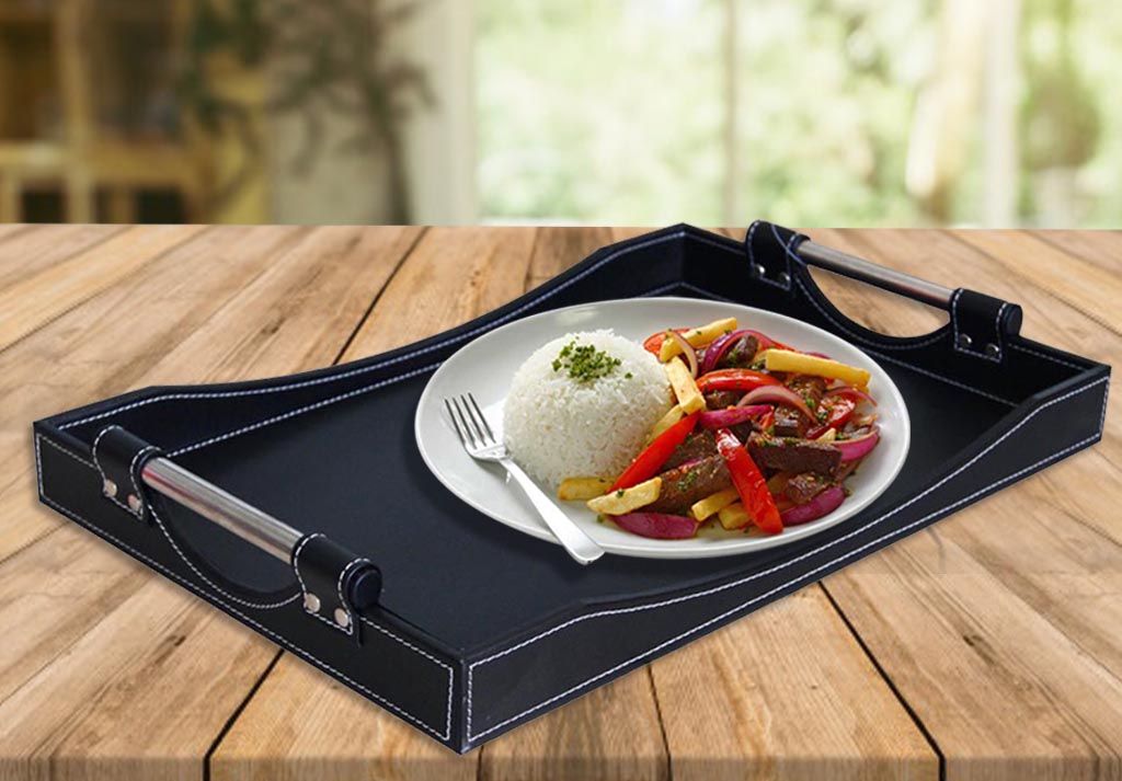 Leather Bound and Stainless Steel Handle Serving Tray