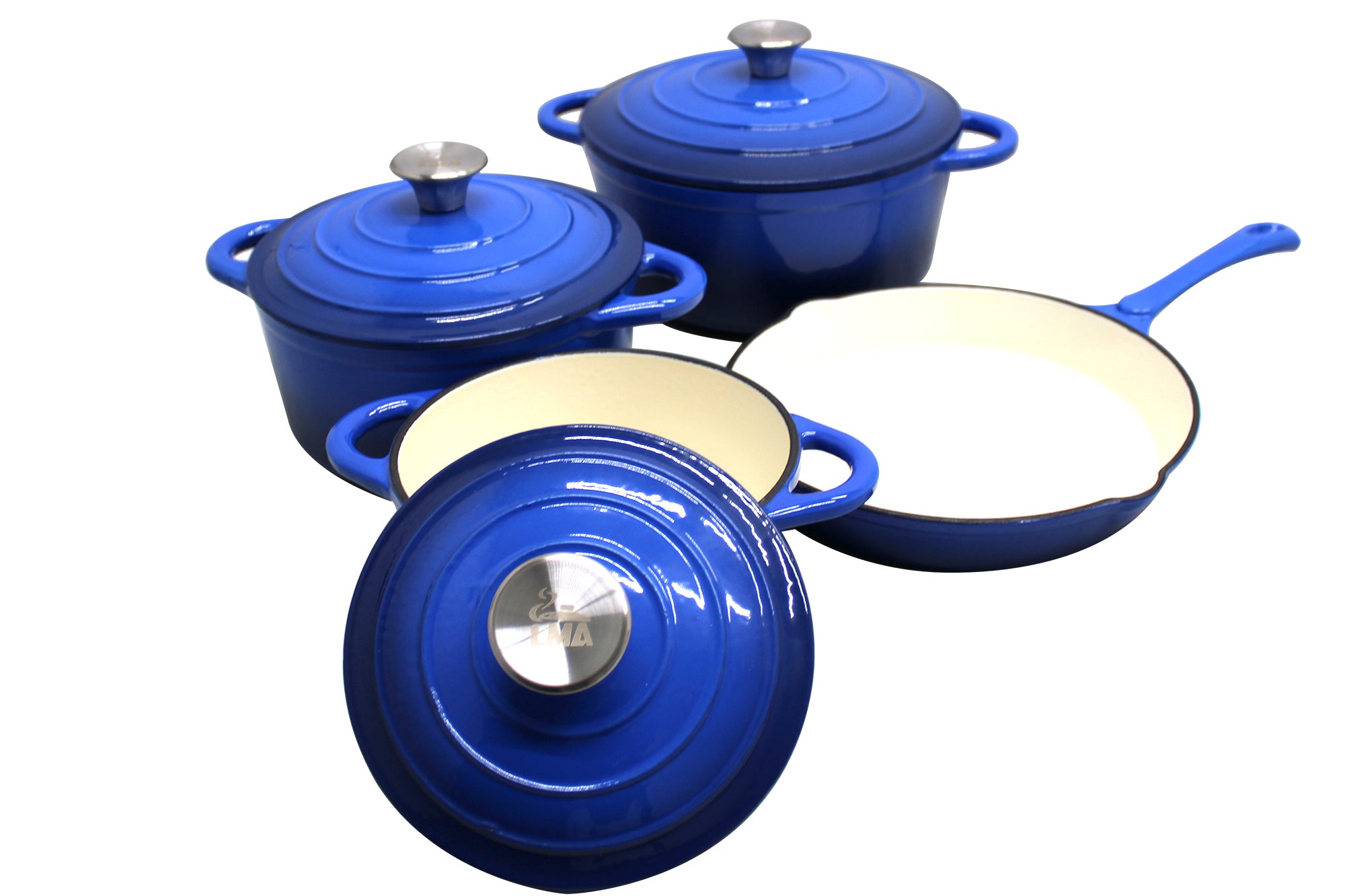 LMA Authentic Cast Iron Dutch Oven Cookware Pot Set 7 piece - Blue