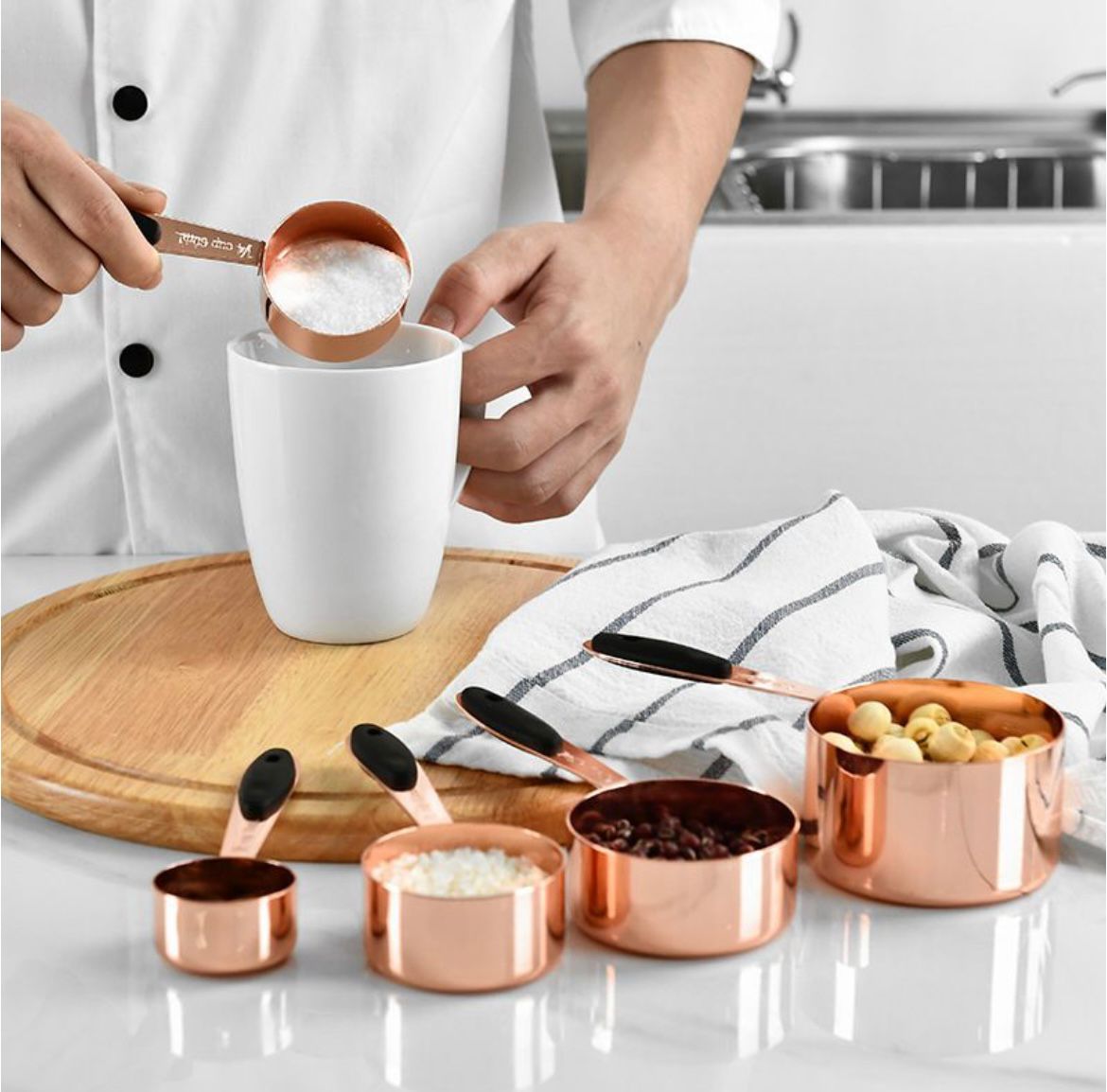 5 Piece Rose Golden Stainless Steel Measuring Cup Set - 30ml To 250ml