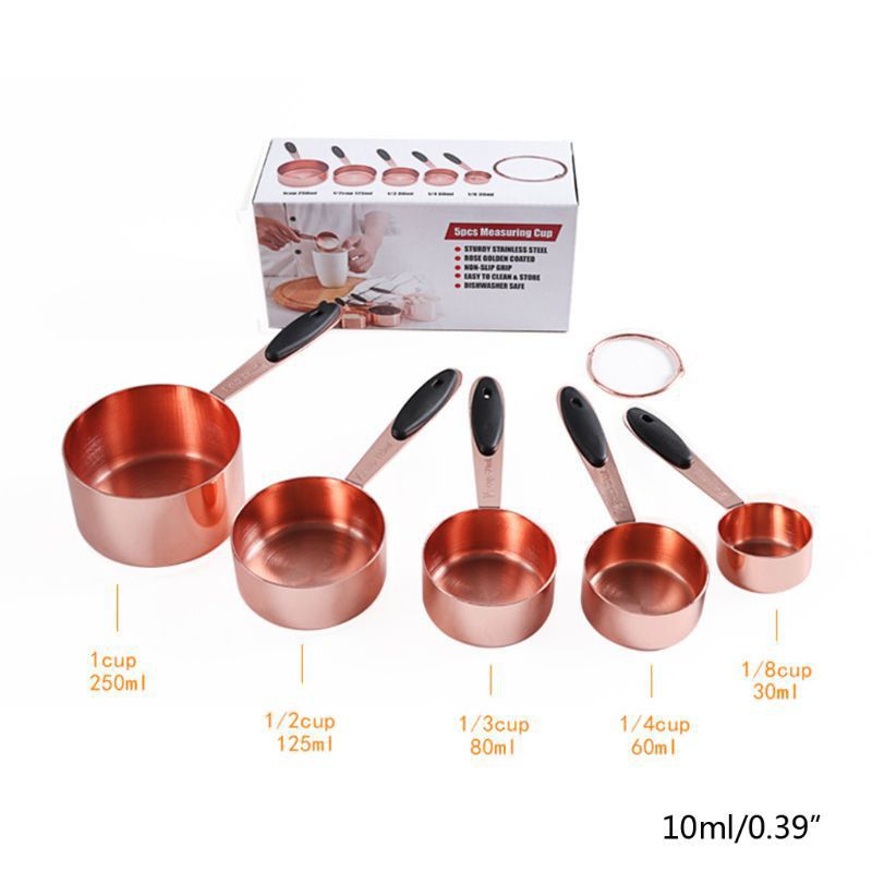 5 Piece Rose Golden Stainless Steel Measuring Cup Set - 30ml To 250ml