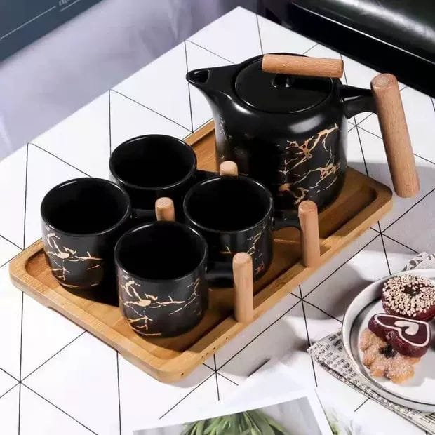 6-Piece Ceramic Black Marble and Bamboo Tea Pot 4-Piece Cup and Serving Tray