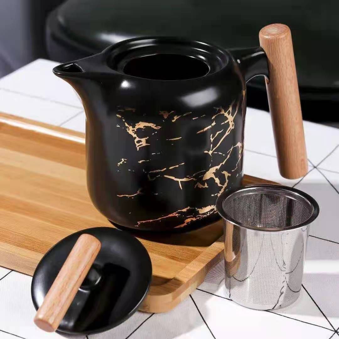 6-Piece Ceramic Black Marble and Bamboo Tea Pot 4-Piece Cup and Serving Tray