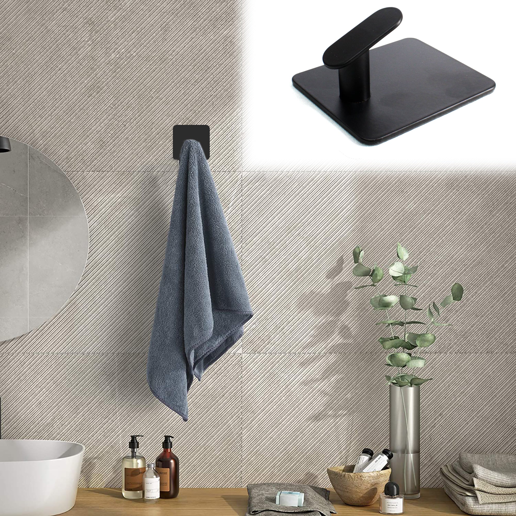 LMA Branded Matte Black Self Adhesive Bathroom Towel Hooks - 4 Piece