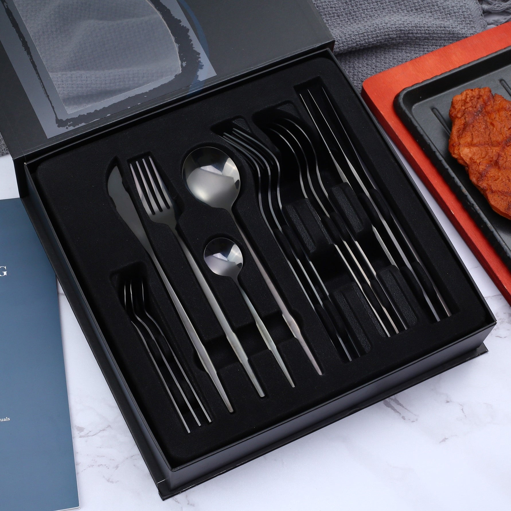 16 Piece LMA Stainless Steel Flatware Set & Noir Gift Box