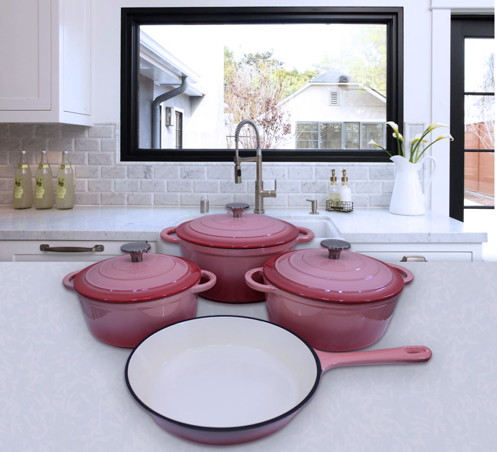 King Cuisine 7 Piece Glazed Cast Iron Dutch Oven Cookware Pot & Pan Set - Berry