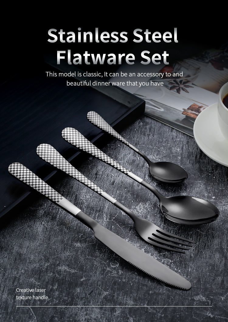 LMA Branded 24 Piece Checkered Finish Cutlery Set & Noir Storage Box