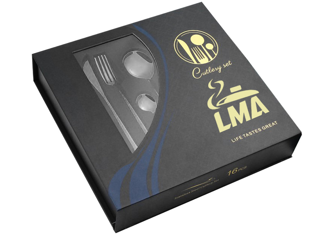 16 Piece LMA Authentic Branded Stainless Steel Flatware Set & Noir Gift Box - Charcoal