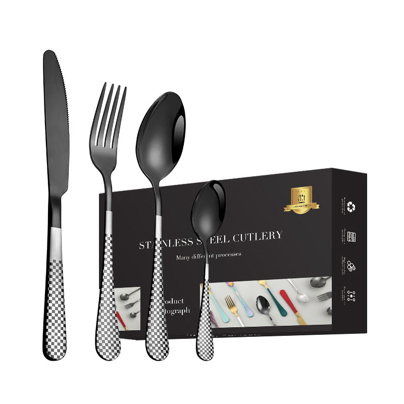 LMA Branded 24 Piece Checkered Finish Cutlery Set & Noir Storage Box