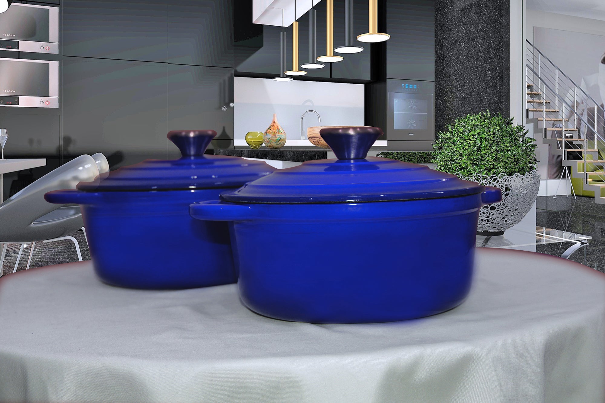 Authentic 4 Piece Cast Iron Dutch Oven Cookware Set - 24cm & 20cm Pot Set - Blue