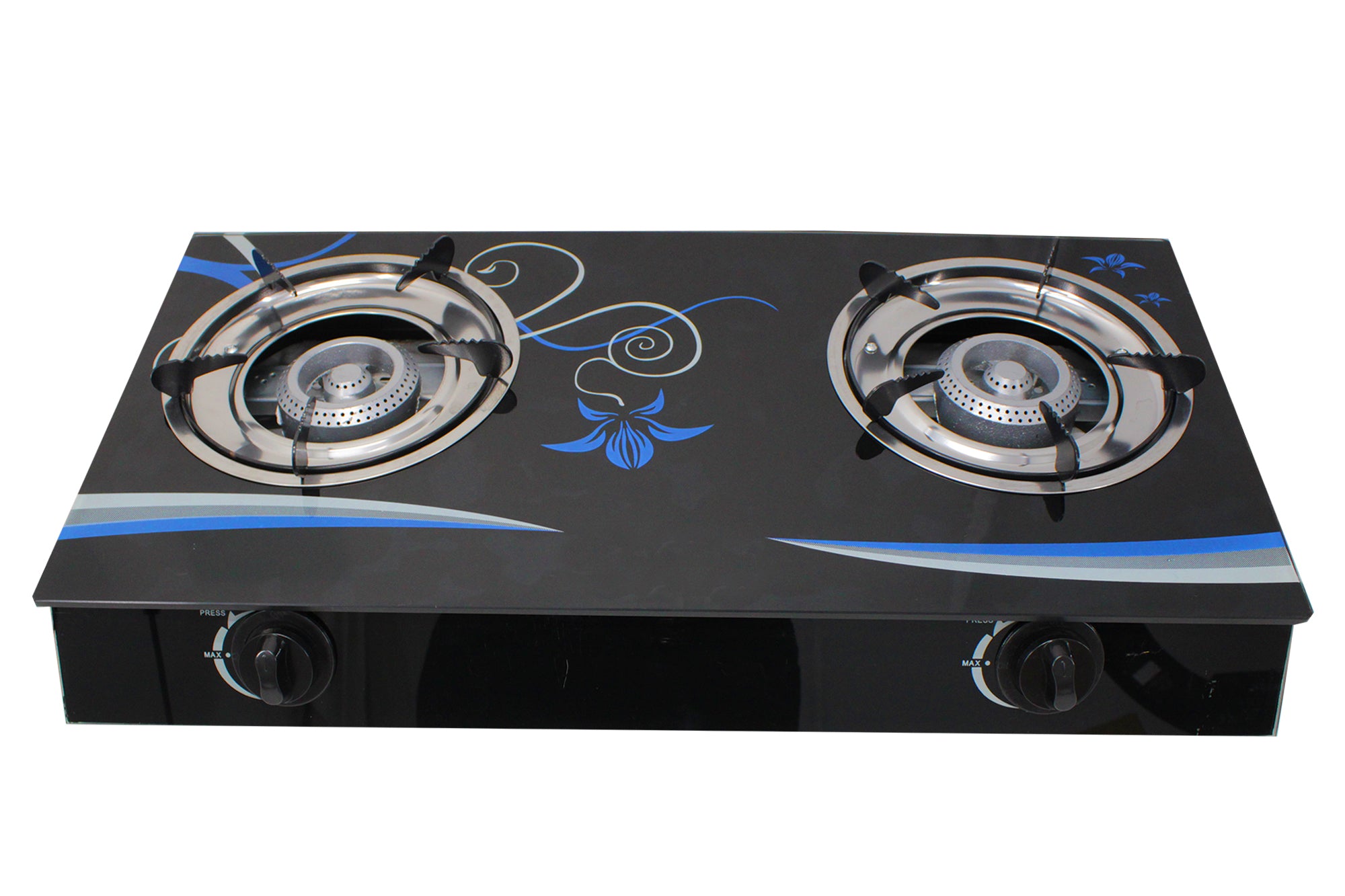 Two-Burner Auto-Ignition Tempered Glass Panel Gas Stove - Blue Petal